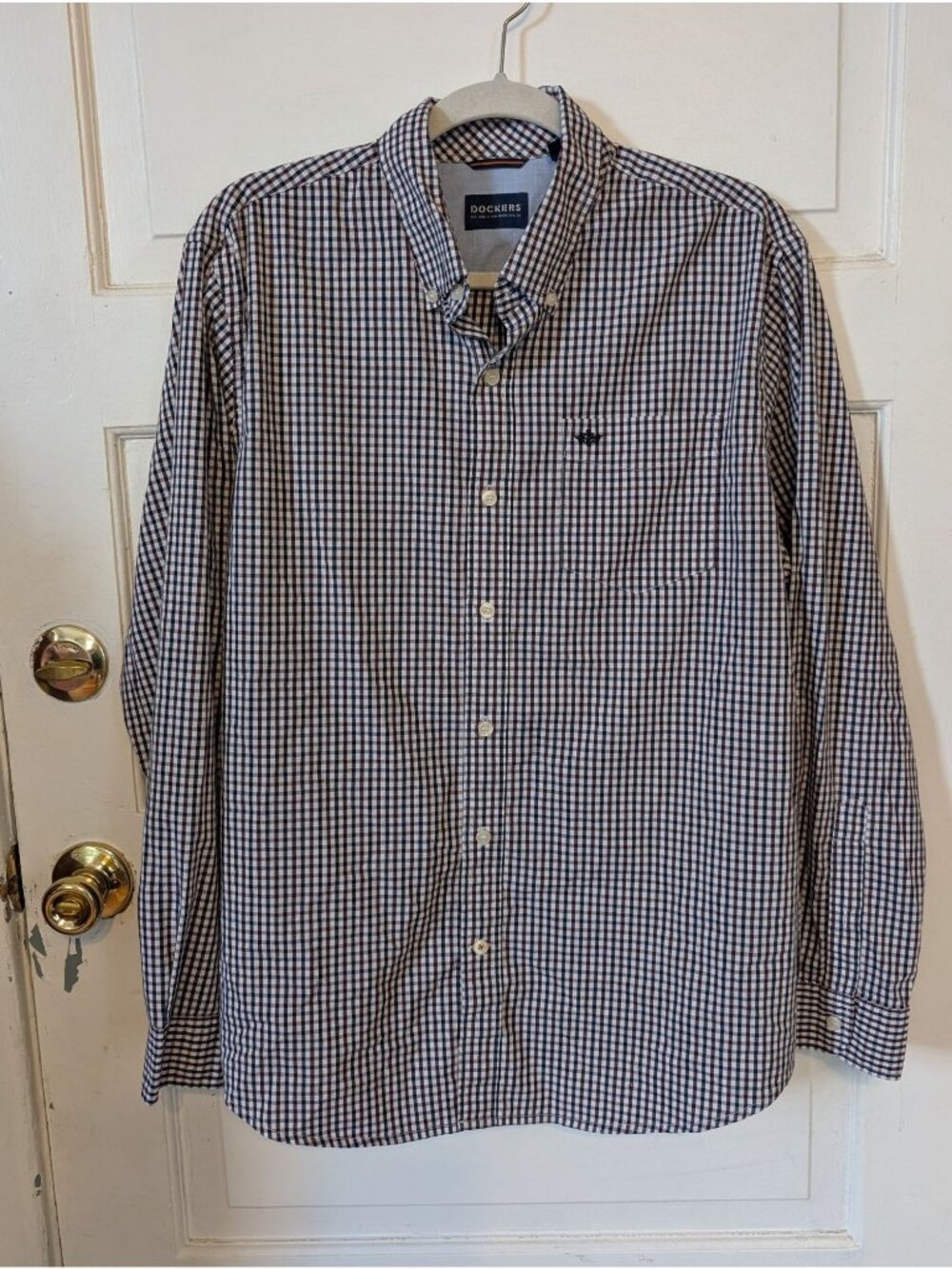 Dockers Men's Long Sleeve Gingham Button-Down Shirt Size L Blue Red White Preppy